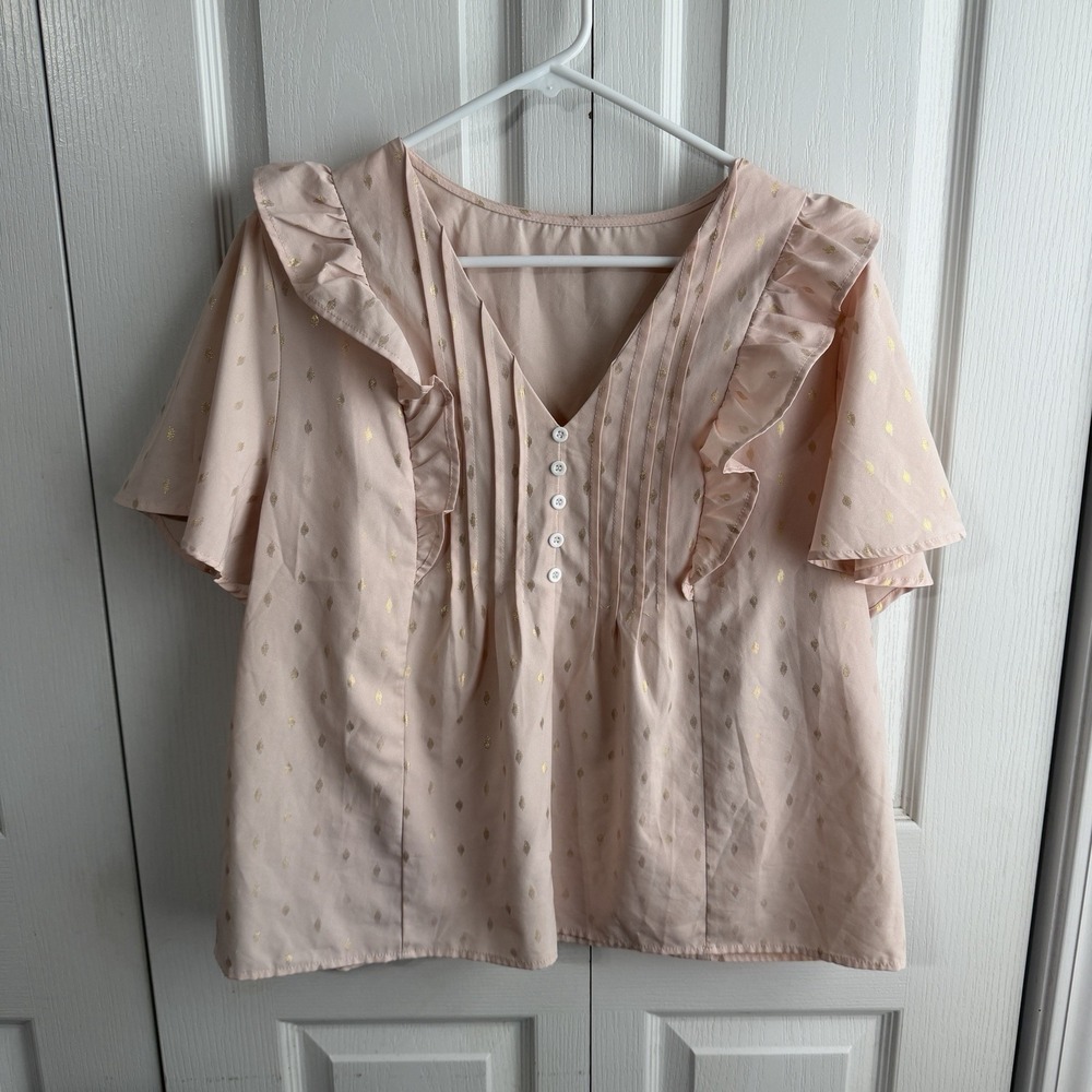 Pink V Neck Ruffle Short Sleeve Faux Button Blouse Women's Size XL Office Preppy
